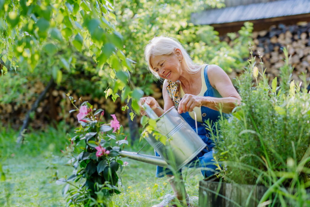 Older woman watering a flower in her garden, enjoying her retirement